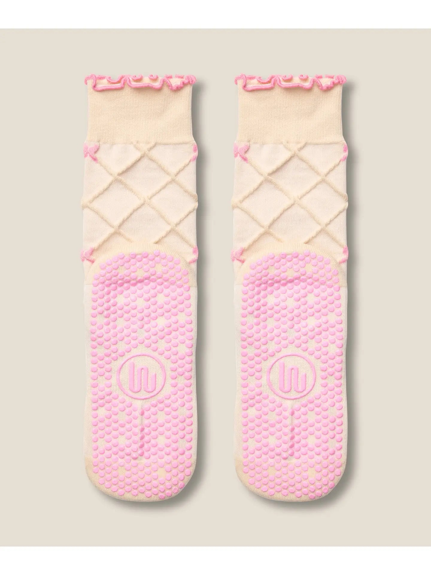 MoveActive Crew Grip Socks - Pink Bow + Lattice Oat