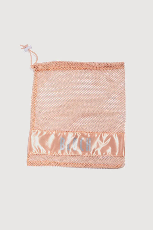 Pink mesh pouch with drawstring on a light gray background