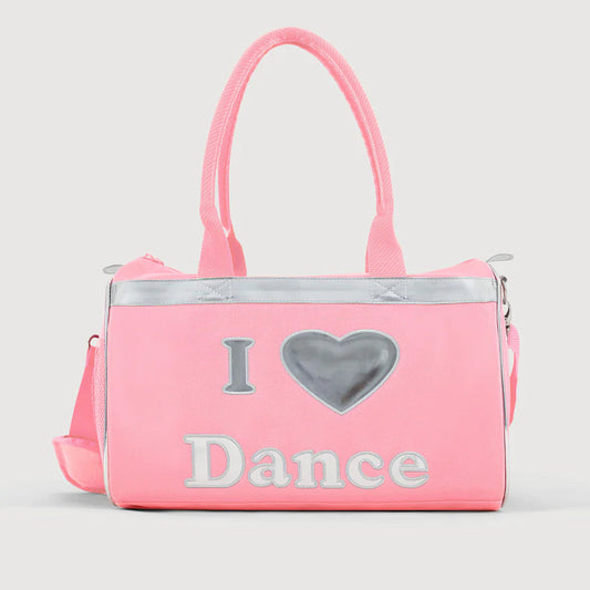 Pink handbag with 'I ❤️ Dance' text on a white background