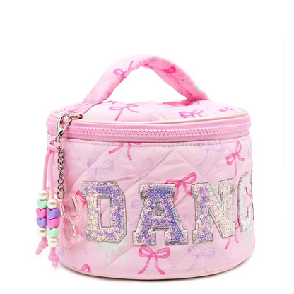 Bow Print 'DANCE' Round Quilted Makeup Bag
