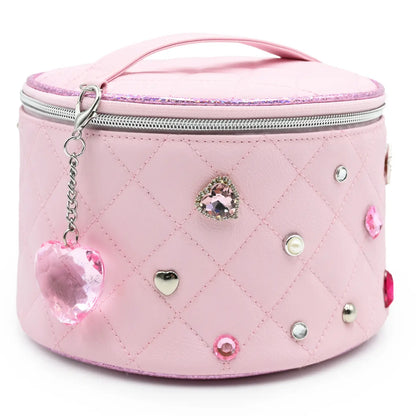 Quilted Rhinestone Round Makeup Bag