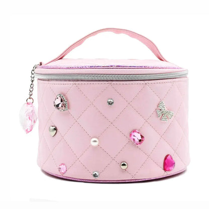 Quilted Rhinestone Round Makeup Bag
