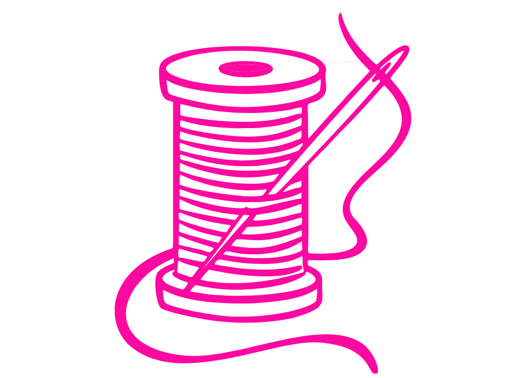 Pink spool of thread with a needle on a white background