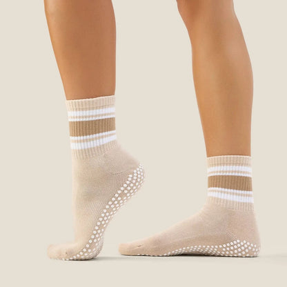 MoveActive Crew Grip Socks | Beige Stripe