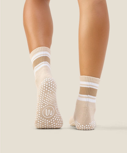 MoveActive Crew Grip Socks | Beige Stripe