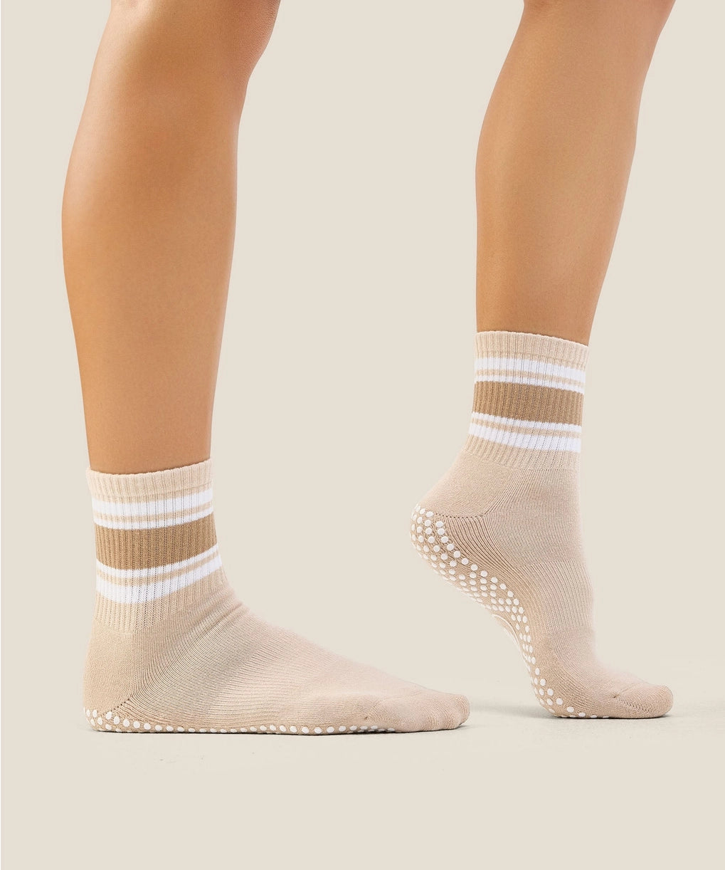 MoveActive Crew Grip Socks | Beige Stripe