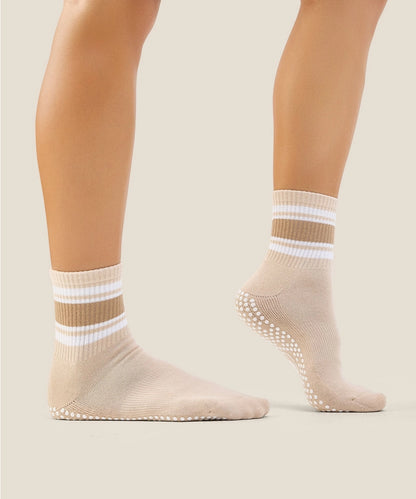 MoveActive Crew Grip Socks | Beige Stripe