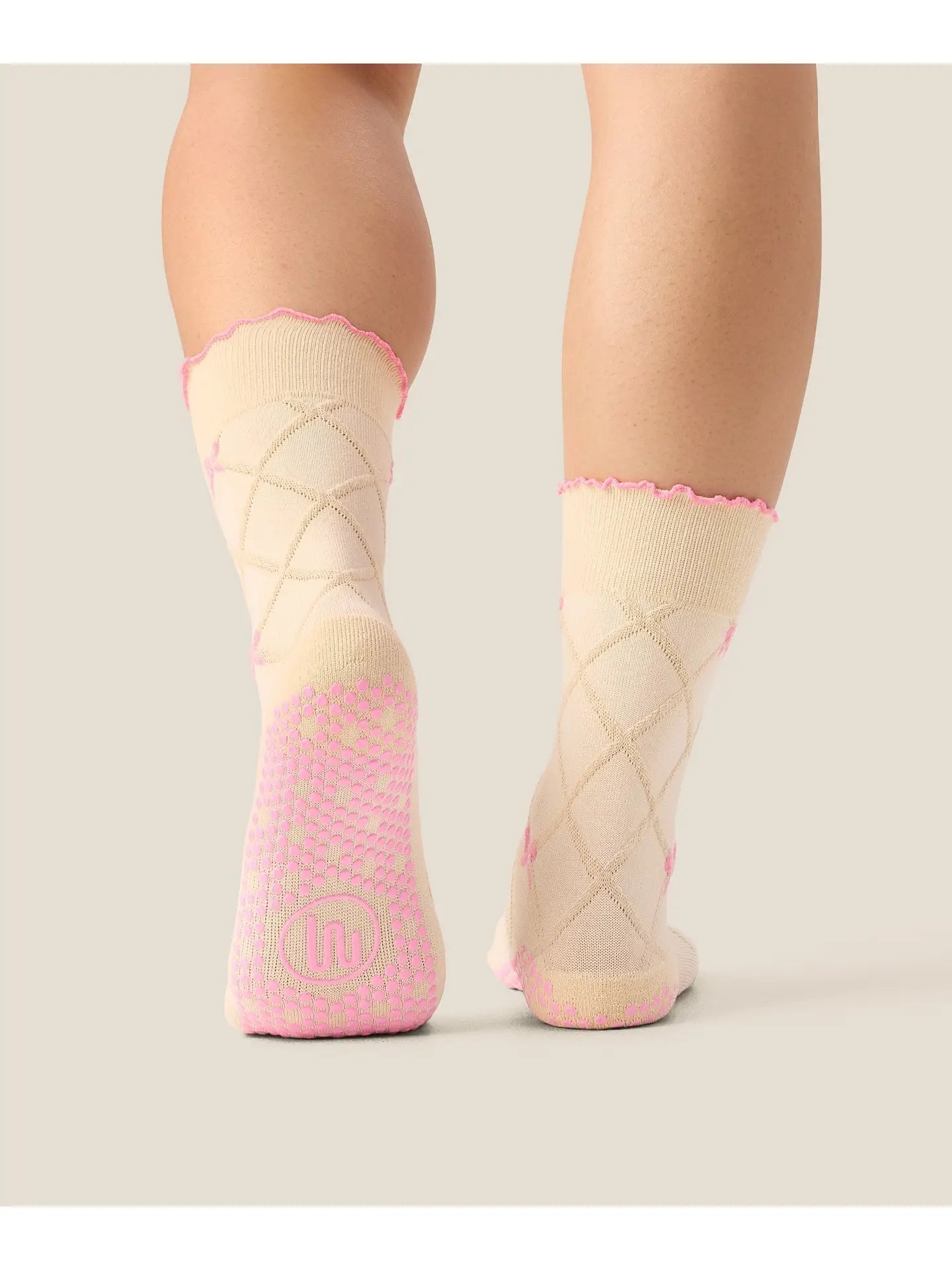 MoveActive Crew Grip Socks - Pink Bow + Lattice Oat