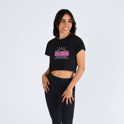 Woman wearing a black crop top and leggings with a logo on a white background