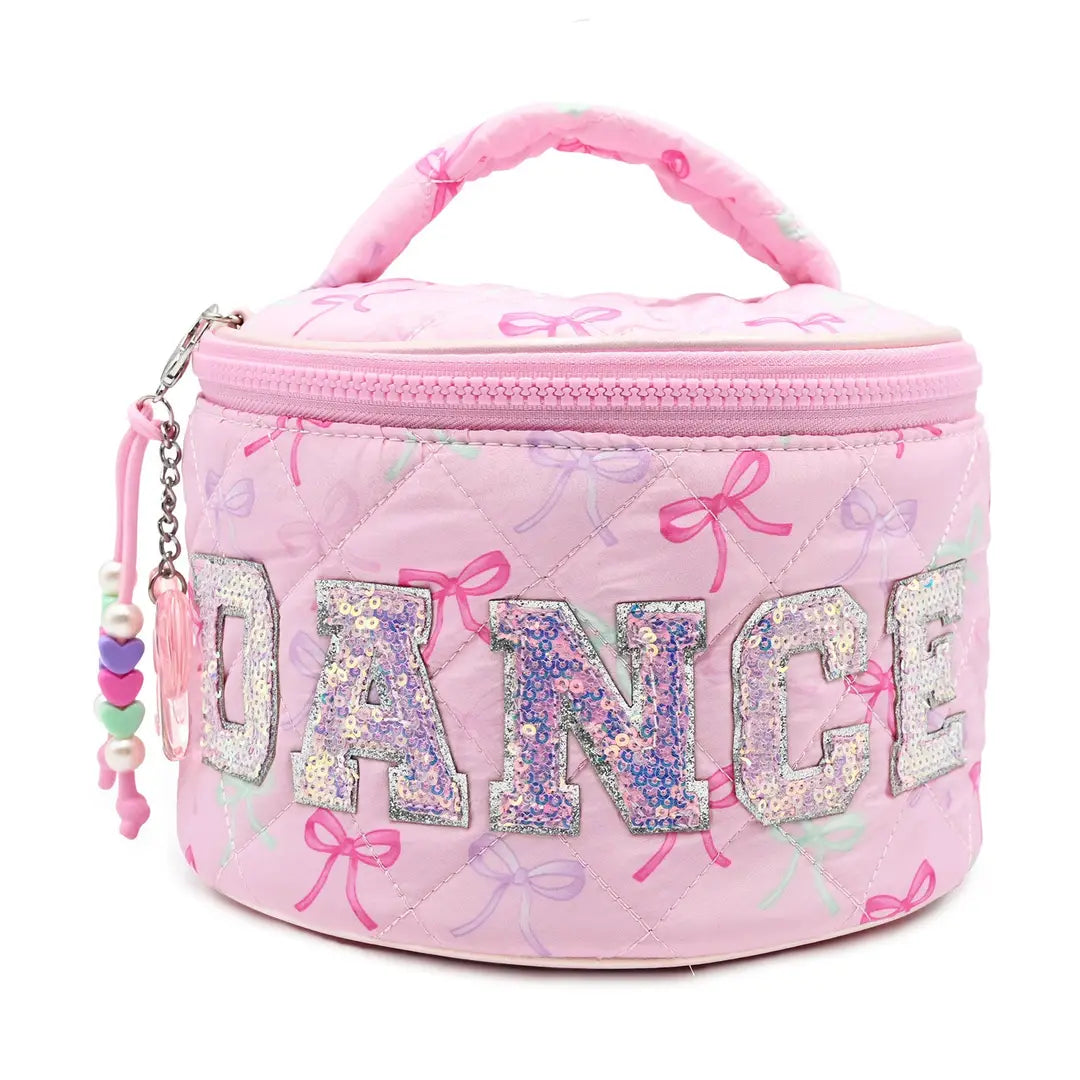 Bow Print 'DANCE' Round Quilted Makeup Bag
