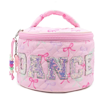Bow Print 'DANCE' Round Quilted Makeup Bag