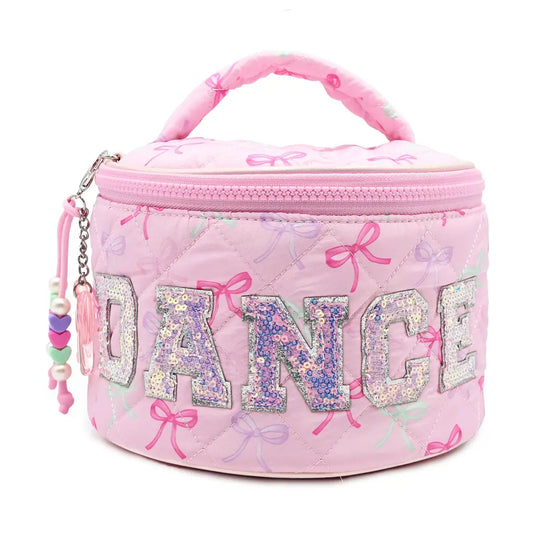 Bow Print 'DANCE' Round Quilted Makeup Bag