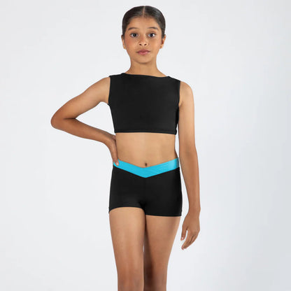 Person wearing a black sleeveless top and black shorts with a blue waistband on a white background