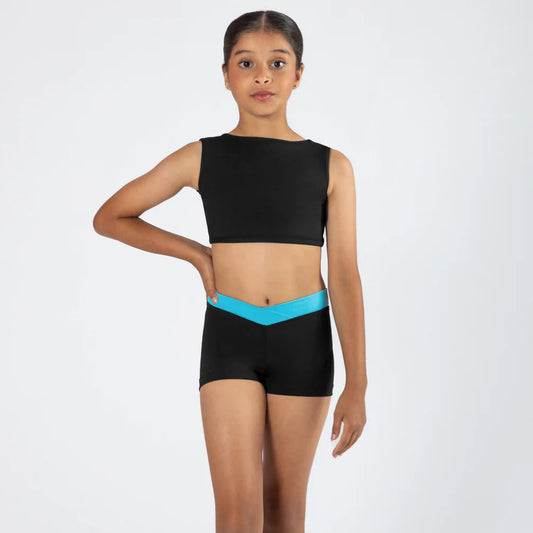 Person wearing a black sleeveless top and black shorts with a blue waistband on a white background