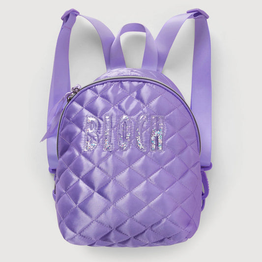 Purple quilted backpack with 'Bloch' branding on a light gray background