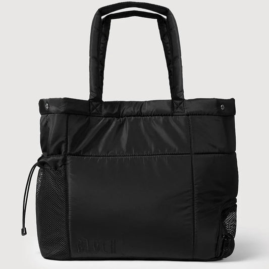 Black tote bag on a light gray background
