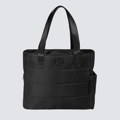 Black tote bag with a visible brand logo on a light gray background