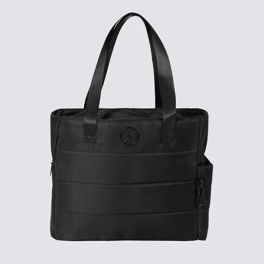 Black tote bag with a visible brand logo on a light gray background