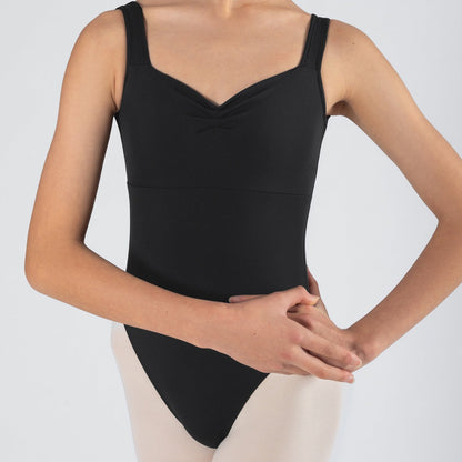 Person wearing a black leotard on a white background